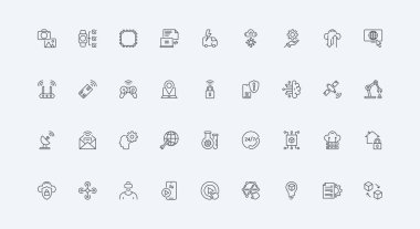 Satellite and router, robot production and drone, intelligent artificial brain thin black outline symbols vector illustration. Technology of future, digital innovation and AI line icon set