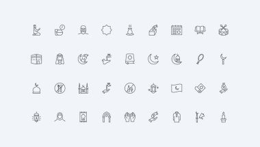 Abdest, sadaka ve sadaka geleneği, ince siyah çizgili semboller, vektör illüstrasyonları. İslam dini ve kültürü, cami ve dini dualar, bayram ve oruç çizgisi simgesi