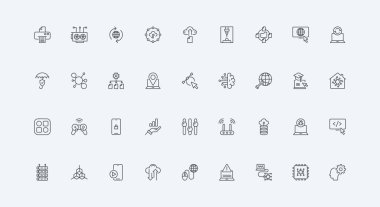 Sunucu ve bilgisayar, kod güvenlik ince siyah ana hatlı semboller vektör illüstrasyonu. Bilgi teknolojisi, veri depolama ve AI ile ağ altyapısı, yazılım ayarları çizgisi simgesi