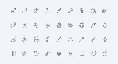 Toprak ve bahçe bitkilerinin büyümesi, böcek ilacı, çim biçme makinesi ince siyah çizgili semboller vektör çizimi. Bahçıvanlık ve tarım, hasat, çiftçi ve bahçıvan ekipman çizgisi ikonu