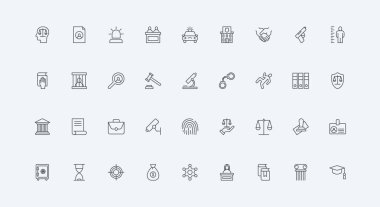 Hukuk otoritesi, polis, belgeler ince siyah ana hatlı semboller vektör illüstrasyonları. Hukuk sistemi ve adalet, hakim ve jüri kararı mahkeme, hapis ve tutuklama kriminal çizgi simgesi belirlendi