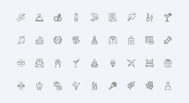 Yüzükler, gelinlik ve damat takımı, davetiye ve restoran ziyafeti, Cupids okundan kalbe ince siyah ana hatlı semboller vektör çizimi. Evlilik, düğün töreni ikonu seti