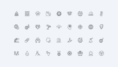 Sel, deprem, orman yangını ve heyelan, kuraklık ince siyah çizgili semboller vektör illüstrasyonunda. Doğal afetler ve felaket, küresel risk ve hasar çizgisi simgesi belirlendi