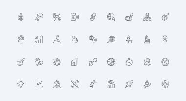 Roketi fırlatın ve yeni bir fikir arayın, hissedarlar ince siyah ana hatlı semboller vektör illüstrasyonu. Girişim stratejisi, girişim modeli, ekonomik ve sermaye büyüme çizgisi simgesini artırma