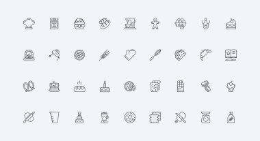 Ekmek ve tatlı kek pişirmek için malzemeler ve şekerlemeciler, aşçı şapkası, yuvarlanan siyah iğne ince ana hatlı semboller vektör çizimi. Pastane, fırın ve şekerleme hattı simgesi seti