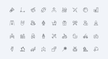 Oyun alanı, park alanı ve anaokulu ekipmanları ince siyah ana hatlı semboller vektör illüstrasyonları. Bebek oyuncakları, oyunlar ve çocuk için spor aktiviteleri, gençlik çizgisi simgesinin boş vakitleri