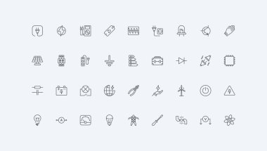 Yüksek voltajlı sistem iletimi, transformatör ve pil ince siyah ana hatlı semboller vektör illüstrasyonu. Güç arzı ve enerji üreticisi, elektrikçi ekipmanı ve araç çizgisi simgesi