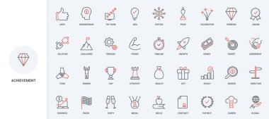 Başarı ödülü ve ödülü, en iyi kalite çözüm, iş ödülü ikonu seti. Finansal strateji ve işadamı kariyeri ince siyah ve kırmızı ana hatlar vektör illüstrasyonu