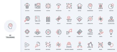 Makine öğrenimi, yapay zeka, nöral ağ modeli eğitimi, algoritmalar optimizasyon çizgisi simgesi seti. Dijital beyin tarafından görüş ve veri analizi, otomasyon ince siyah ve kırmızı ana hatlar vektör illüstrasyonları