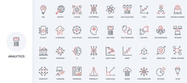 Torpido gözündeki istatistiksel analiz, grafik ve grafik raporu, finansal trend araştırma çizgisi simgesi seti. Öngörü modeli ve veri senkronizasyonu ince siyah ve kırmızı dış hat sembolleri vektör illüstrasyonu