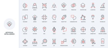 Yapay zeka ve dijital beyin, yapay zekaya sahip üretici ağ, makine öğrenme çizgisi simgesi seti. Sistemin algoritması ve modeli, mikroçip ince siyah ve kırmızı ana hat çizim sembolleri vektör illüstrasyonu