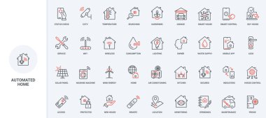 Akıllı ev sistemi denetimi ve yönetimi, yapay zeka çizgisi simgesi olan hizmetlerin otomasyonu. Güvenlik erişimi, sensörlü ekipman ve garajda ince siyah ve kırmızı çizgili semboller vektör çizimi