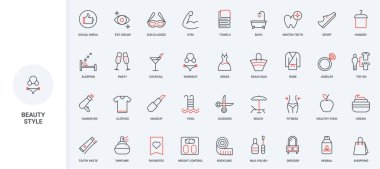Güzellik, makyaj ve hijyen, modern yaşam tarzı ikonu seti alışverişi. Sağlık için beden eğitimi, vücut ve saç bakımı ince siyah ve kırmızı ana hatlı semboller vektör çizimi