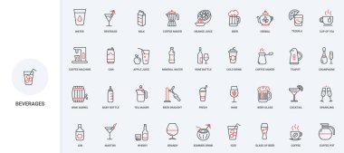 Bardakta ve şişede içecekler, alkol tropikal kokteyl ve barda bira, bar menüsü ikonu seti. Sıcak kahve ve çay, soda ve meyve suyu, viski ince siyah ve kırmızı çizgili semboller vektör illüstrasyonu