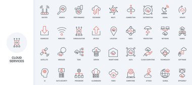 Bulut servisi ve merkezi olmayan uygulama, yazılım kurulumu ve ağ bağlantısı simgesi seti. Veri dağılımı ve koruma, ince oklu siyah ve kırmızı ana hatlı vektör illüstrasyonunu indirin