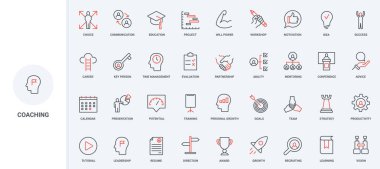 Kişisel büyüme, liderlik gelişimi ve bireysel koçluk, eğitim becerileri çizgisi simgesi seti. Verimlilik, çalışan kariyerinin ilerlemesi, hedef ince siyah ve kırmızı ana hatlar vektör illüstrasyonları