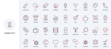 İletişim süreci için ağ bağlantısı, veri paylaşımı ve satır simgesi indirme. Sosyal medya sohbeti için uygulama, kullanıcı ilişkisi, eğlence ince siyah ve kırmızı ana hat sembolleri vektör illüstrasyonu