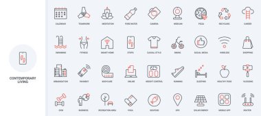 Modern insanın yaşam tarzı ve günlük programı, çağdaş insanların günlük yaşam aktiviteleri çizgi simgesi seti. Sürdürülebilirlik, aktif alışkanlıklar ince siyah ve kırmızı ana hatlar vektör illüstrasyonları