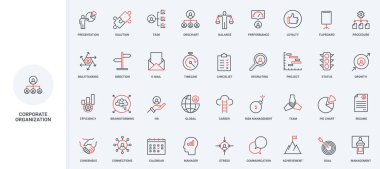 Şirket organizasyonu, şirket yapısı ve risk yönetimi, ortaklık çizgisi ikonu seti. Takım çalışması sunumu ve organizasyonel kontrol listesi ince siyah ve kırmızı ana hat sembolleri vektör çizimi