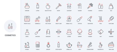 Makyaj, kozmetik, kaplıca, sağlık için hijyen ve güzellik çizgisi ikonu seti. Ruj ve tırnak cilası, parfüm, krem ve losyon şişesi ince siyah ve kırmızı çizgili semboller vektör çizimi