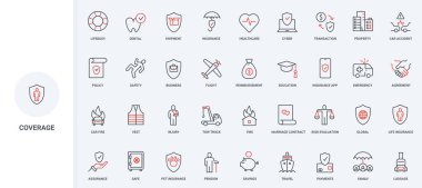 Sigorta sigortası, poliçe belgeleri, yaşam ve sağlık risk koruması, sözleşme çizgisi ikonu seti. Kazada yaralanma, ev ve araba hasarı ince siyah ve kırmızı ana hatlar vektör çizimi