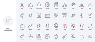 Günlük yaşam rutini ve modern yaşam tarzı, günlük çizelge simgesi seti. Evde günlük yemek ve banyo, gevşemek için müzik ve kitap, incecik siyah ve kırmızı ana hatlı çizgiler vektör çizimleri