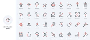 Ademi merkeziyet uygulaması ve servis, engelleme hattı simgesi seti. Şifrelenmiş veri, madencilik süreci ve algoritma yönetimi, kripto para birimi ince siyah ve kırmızı dış hat sembolleri vektör çizimi