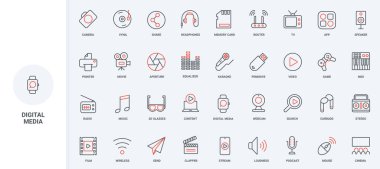 Dijital cihazlar ve eğlence araçları, müzik hattı simgesi seti. Mobil uygulamada video içeriği, podcast ve akışı, 3D gözlükleri, ince siyah ve kırmızı ana hatlı vektör resimlerini ara