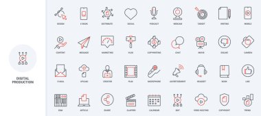 Dijital içerik üretimi, pazarlama, metin yazarlığı, geribildirim çizgisi simgesi seti. Takvimdeki planlama yazıları, ince siyah ve kırmızı ana hatlı vektör çizelgelerine ev sahipliği yapan bulut ve videoya veri yüklemesi