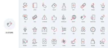 Çevrimiçi perakende mağazasında tanıtım ve satış, müşteri destek hattı simgesi seti. Sıralama için favori ve indirim kuponu, istek listesinden hediye, ince siyah ve kırmızı ana hatlı çizim sembolleri vektör illüstrasyonu
