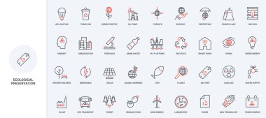 Yeşil enerji, çevresel koruma, bio yakıt hattı ikonu seti. Çevreyi, ormanları ve balıkları, küresel ısınma ikonunu, ince siyah ve kırmızı ana hatları, vektör ilüstrasyonunu kurtaracak yeni teknoloji