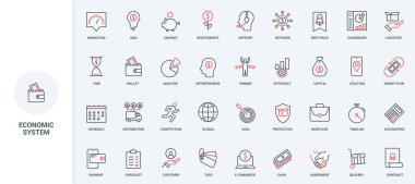 Ekonomi ve finans, iş anlaşmasının verimliliği, ödeme hattı ikonu seti. Ekonomik sistem ve bütçe dağılımı, para akışı ince siyah ve kırmızı ana hatlı semboller vektör çizimi