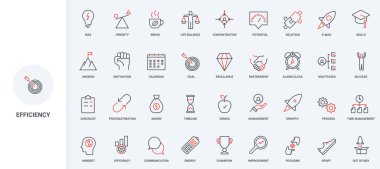 İş verimliliği, başarı ve zaman yönetimi, kazanan liderlik çizgisi simgesi seti. Hedefe odaklanmak, potansiyel ve becerilerin geliştirilmesi ince siyah ve kırmızı ana hatlar vektör çizimi