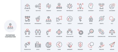 İşbirliği, şirket çizgisi ikonunda çalışan ekip çalışması organizasyonu. İş toplantısının ve iletişimin başarısı, risk değerlendirmesi ince siyah ve kırmızı çizgili sembol çizimi