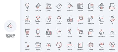 Çalışma süreci, girişim belgesi akışı, iş hedefi ve istatistik büyüme çizgisi simgesi belirlendi. Yöneticilerin işyeri, takvim ve kahve arası ince siyah ve kırmızı ana hatlar vektör illüstrasyonu