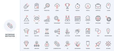 Girişim liderlerinin strateji ve motivasyonu, iş süreci üzerindeki etkisi ve planlama çizgisi ikonu seti. Dış kaynaklı şirket geliştirme, HR ince siyah ve kırmızı ana hatlı vektör çizimi