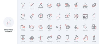 İş süreci ve pazarlama, görevlerin ve hedef çizgisi ikonlarının verimliliği üzerine küresel girişimin çalışması. Lojistik, büyüme ve başarı ince siyah ve kırmızı ana hatlar vektör gösterimi