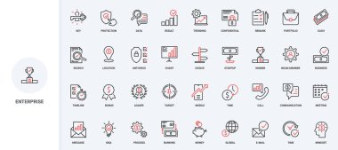 İş projesi ve girişim, iş akışı çizgisi ikonunda fikirler ve iletişim. Sistem yapısı ve planı, sonuç için strateji ince siyah ve kırmızı ana hatlar vektör gösterimi