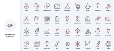 Şirket geliştirme stratejisi, verimli işletme altyapı organizasyon hattı ikonu seti. İnce siyah ve kırmızı anahat sembollerinin geliştirilmesi için KPI ve istatistiksel veri analizi