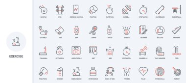 Fitness ve fiziksel egzersiz, spor aletleri, ağırlık kontrolü için egzersiz planı ve diyet, aktif spor oyunları çizgi ikonu seti. Kardiyo eğitimi ince siyah ve kırmızı ana hatlar vektör çizimi