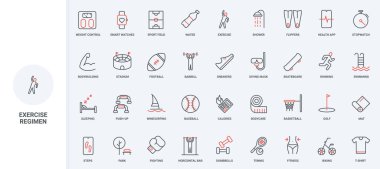 Spor ve turnuva oyunları, jimnastik ve beden eğitimi, sağlıklı aktivite çizgisi ikonu seti. Extreme water sport, mobil uygulama ve smartwatch ince siyah ve kırmızı ana hatlı semboller vektör illüstrasyonu