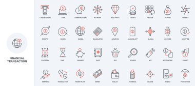 Para transferi ve akışı, nakit, şifreleme ve çevrimiçi işlem, terminal hat simgesi seti. Satın almak için temassız ve nakitsiz ödeme, CRM ince siyah ve kırmızı ana hatlı vektör ilüstrasyonları