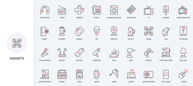 Elektronik aletler, akıllı ev aletleri ve ev aletleri ve mutfak hattı ikonu seti için elektrikli aletler. Kulaklık ve fırın, çamaşır makinesi ince siyah ve kırmızı ana hatlar vektör çizimi