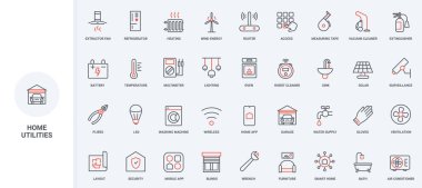 Enerji, gaz ve ısıtma, ev hattı ikonu seti için su ve gözetim. Akıllı aygıtlar ve mobil uygulamalı sıcaklık denetimi, garajda ince siyah ve kırmızı ana hatlı vektör çizimleri