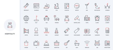 Otel ve hostel konukseverliği, turist konaklama ve takvim çizgisi ikonunda oda rezervasyonu. Resepsiyon, temizlik ve park hizmetleri, taksi ince siyah ve kırmızı taslak semboller vektör ilülasyonu