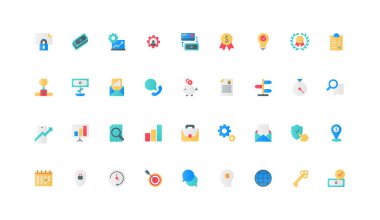 Şirket liderinin verimliliği ve verimliliği, hırslı yönetici renk ikonu seti becerileri. Geliştirme yönü, problemlerin çözümü için anahtar, verimli süreç düz elementler vektör illüstrasyonu