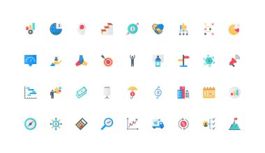 İş süreci organizasyonu, girişim ve kurumsal yönetim renk ikonu seti. Çalışan eğitimi ve takım çalışması, hedef başarısı, kar büyümesi, KPI analizi düz elementler vektör illüstrasyonu