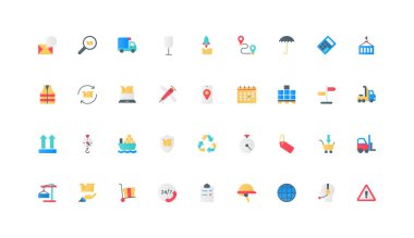 Nakliye, kutu yükleme ve depolama, destek servisi, ihracat renk simgesi seti. Teslimat takvimi, depo ekipmanları ve makineler, kargo sigortası düz elementler vektör çizimi