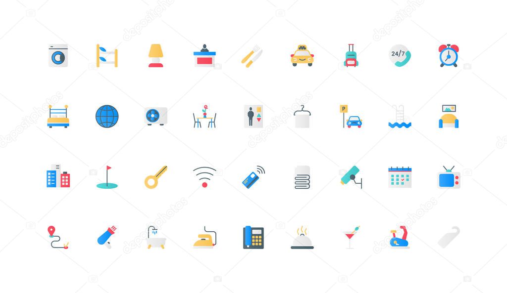 Hotel hospitality, booking and accommodation of tourists in room, cleaning service color icon set. Parking and elevator, taxi call at reception, TV and bed, key flat elements vector illustration