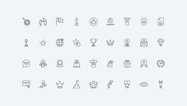 Madalya ve ödül hediyesi, kaliteli şeritli ince siyah ana hatlı semboller vektör illüstrasyonlu. Kazananın başarı ödülü, birinci sıra ve yarışma çizgisi simgesinde yer alma ödülü